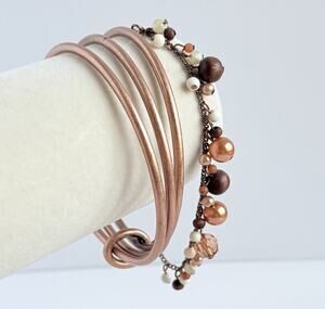 Artisan Copper Triple Coil Bangle Bracelet Mixed Bead Accent Boho Earth Tone